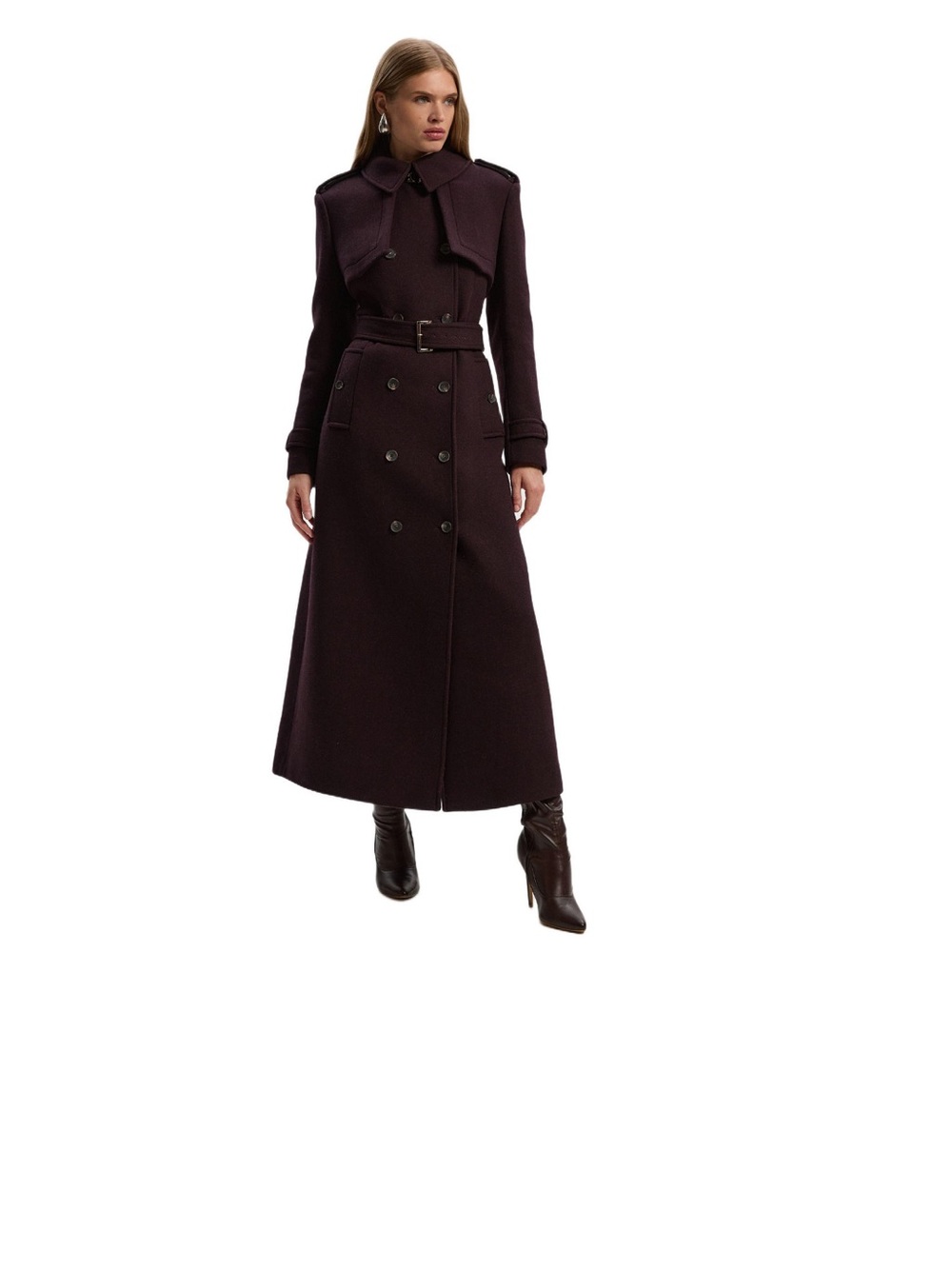 Karen Millen Double-Breasted Maxi Pea Coat in Deep Plum